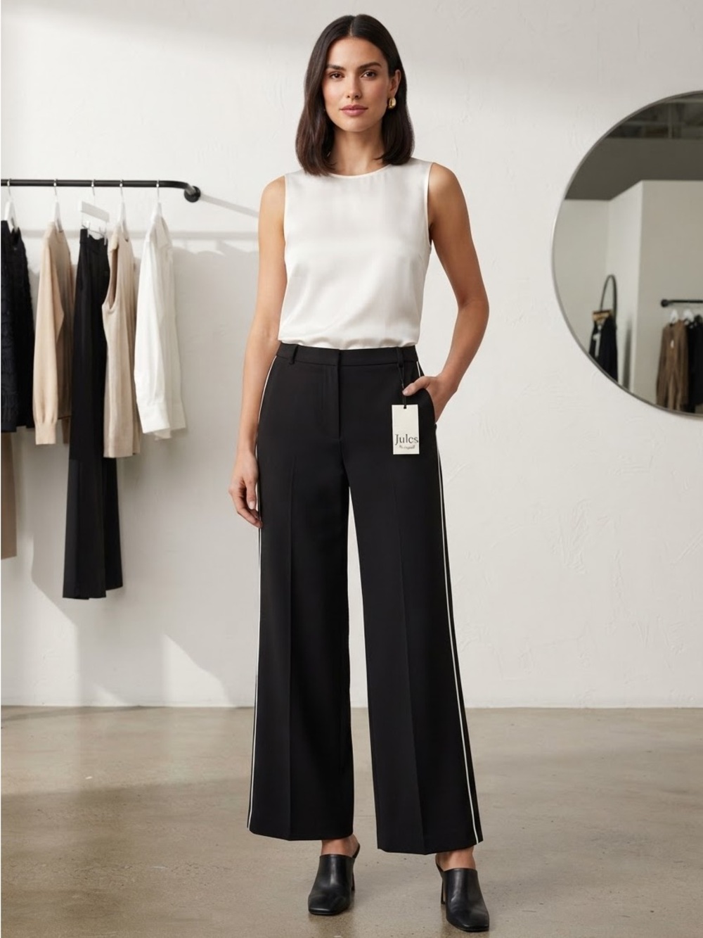 Jules & Leopold Black Wide-Leg Pants with White Side Stripe